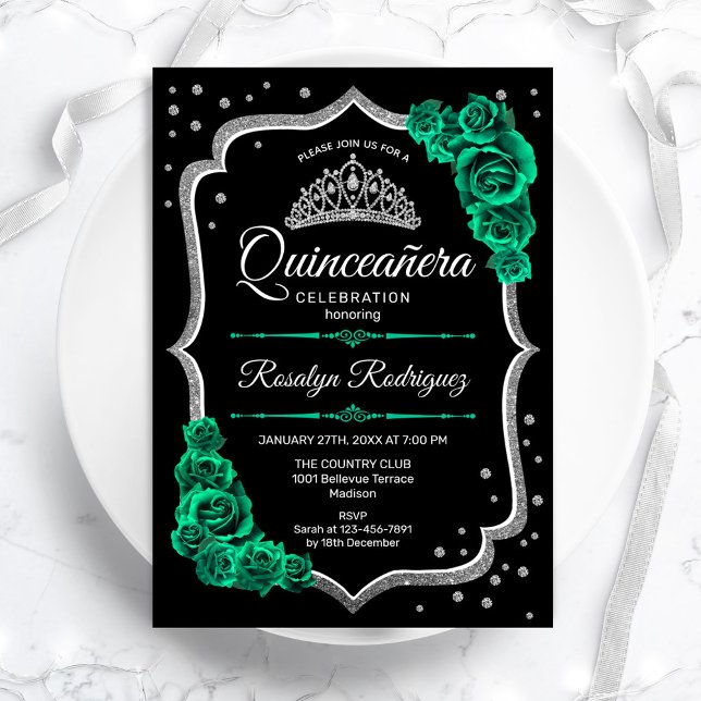Emerald Green Black Silver Elegante Quinceanera Einladung (Von Creator hochgeladen)