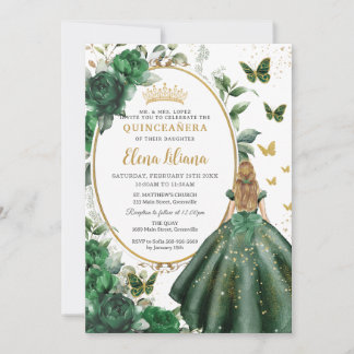 Emerald Green Bloral Blonde Princess Quinceañera Einladung