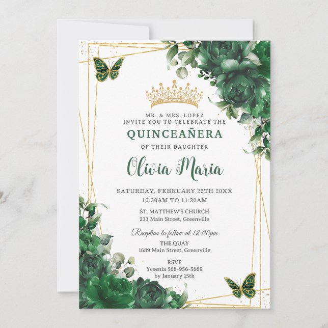 Emerald Green Blume Floral Quinceñera Butterfly Einladung (Vorderseite)