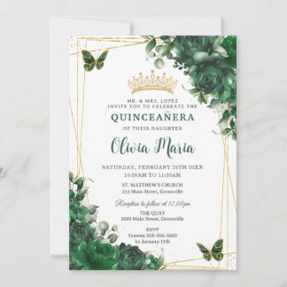 Emerald Green Blume Floral Quinceñera Butterfly Einladung