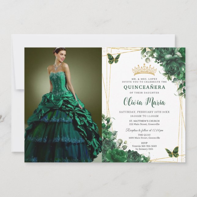 Emerald Green Blume Floral Quinceñera Picture Einladung (Vorderseite)