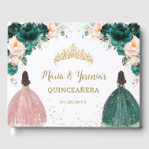 Emerald Green Blush Pink Floral Twins Quinceañera