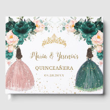 Emerald Green Blush Pink Floral Twins Quinceañera