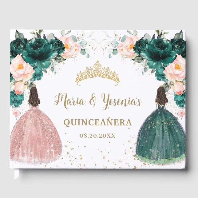 Emerald Green Blush Pink Floral Twins Quinceañera Gästebuch (Vorderseite)
