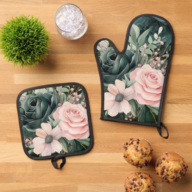 Emerald Green Blush Pink Florals Ofenhandschuh & Topflappen-Set (Oben Unten)