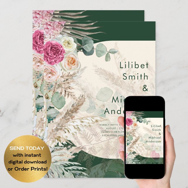 Emerald Green BOHO Blumenrosa Hochzeit Einladung (Von Creator hochgeladen)