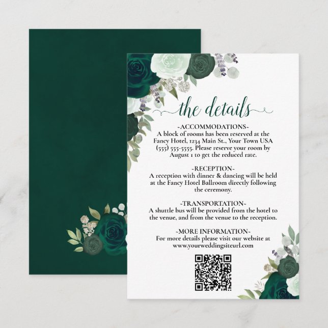 Emerald Green Boho Rose Hochzeitdetails QR-Code Begleitkarte (Vorne/Hinten)