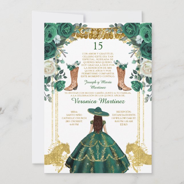 Emerald Green Boots Spanish Gold 15 Años Birthday Einladung (Vorderseite)