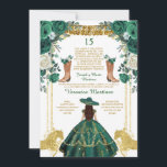 Emerald Green Boots Spanish Gold 15 Años Birthday Einladung<br><div class="desc">EDITABLE Emerald Green Boots Spanische Gold 15 Años Birthday Einladung Elegant Emerald Green Bloral Gold Prinzessin Kleid Hat Mis Quince Einladung Quinceañera 15 Anos,  16. Geburtstag Schmetterling</div>