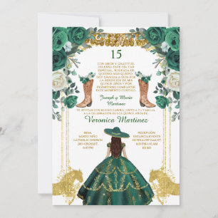 Emerald Green Boots Spanish Gold 15 Años Birthday Einladung