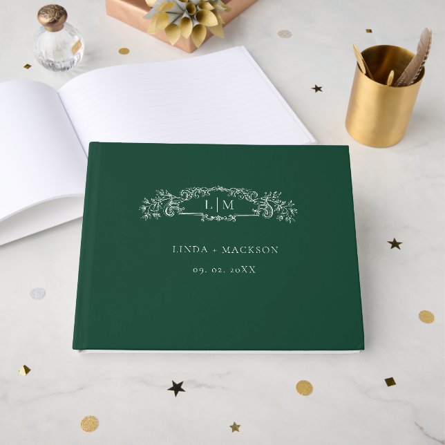 Emerald Green Botanical Wappen Monogramm Hochzeit Gästebuch (Vorderseite Offen)
