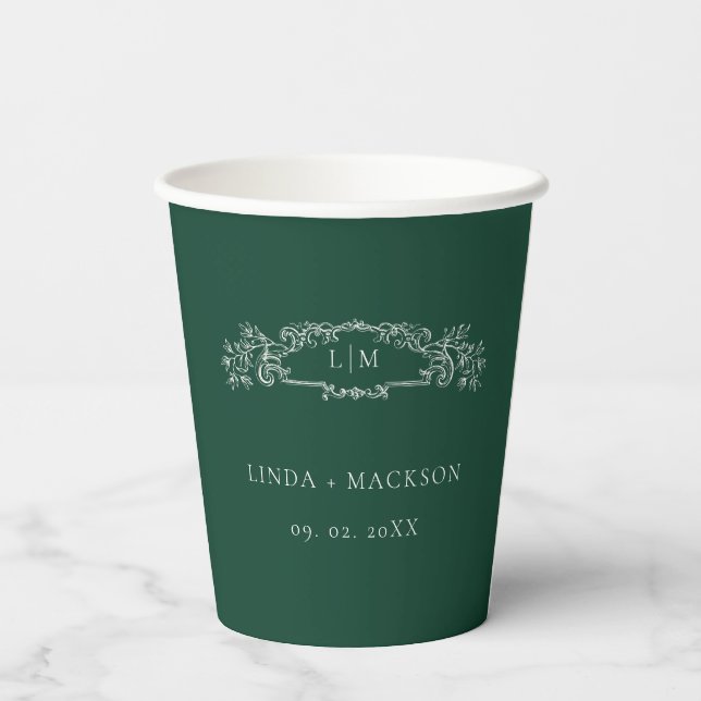 Emerald Green Botanical Wappen Monogramm Hochzeit Pappbecher (Rückseite)