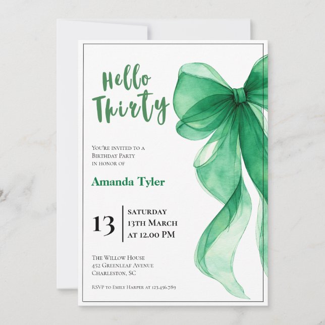 Emerald Green Bow 30th Birthday Invitation Einladung (Vorderseite)