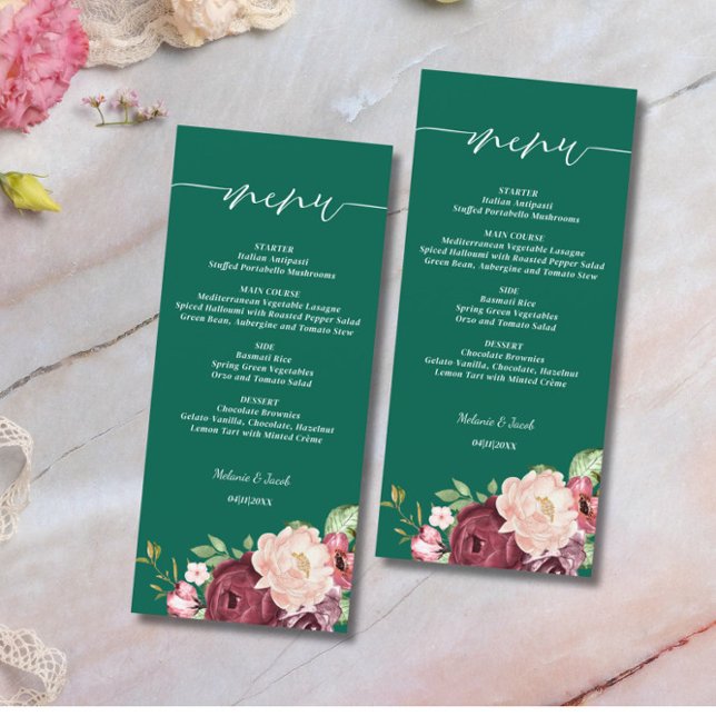 Emerald Green Burgundy Floral Wedding Menükarte (Von Creator hochgeladen)
