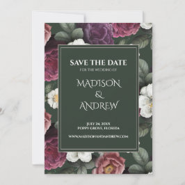 Emerald Green Burgundy Peonies Save the Date Card