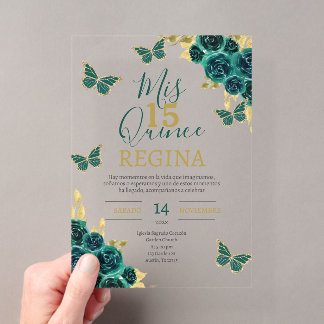 Emerald Green Butterflies Quinceañera Acryleinladungen