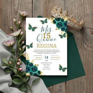 Emerald Green Butterflies Quinceañera Einladung