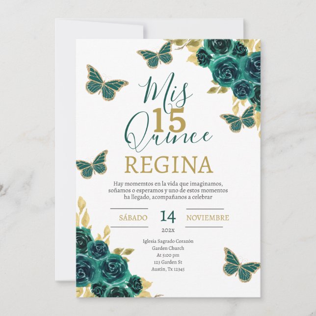 Emerald Green Butterflies Quinceañera Einladung (Vorderseite)