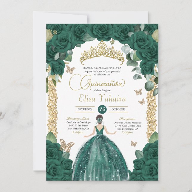 Emerald Green Butterfly Princess Quinceanera Einladung (Vorderseite)