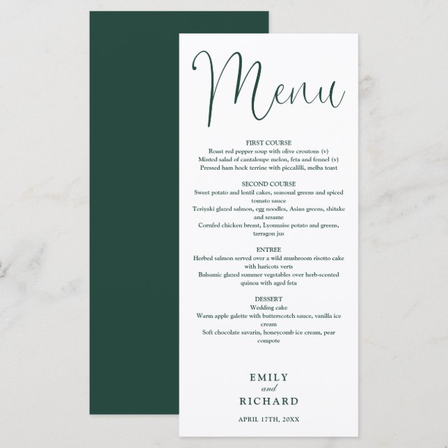 Emerald Green Calligraphy Script Wedding Menükarte (Vorne/Hinten)
