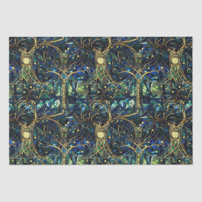 Emerald Green Celestial Tree Gestaltete Glasmuster Seidenpapier (Vorderseite)