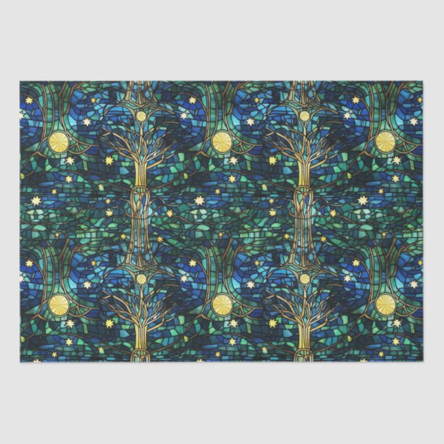 Emerald Green Celestial Tree Gestaltete Glasmuster Seidenpapier (Vorderseite)