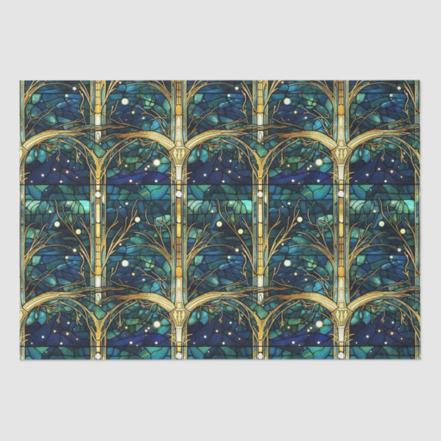 Emerald Green Celestial Tree Gestaltete Glasmuster Seidenpapier (Vorderseite)