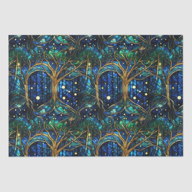 Emerald Green Celestial Tree Gestaltete Glasmuster Seidenpapier (Vorderseite)