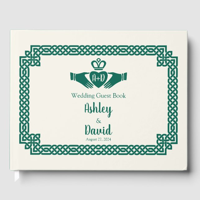 Emerald Green Celtic Knot Claddagh Wedding Gästebuch (Vorderseite)