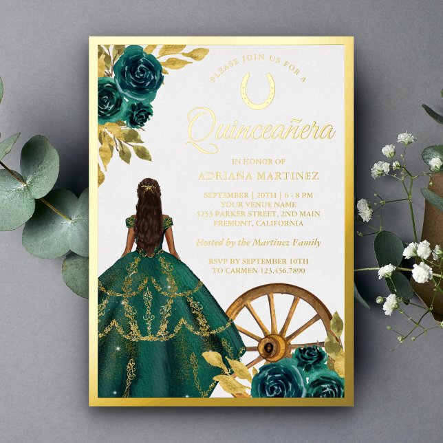 Emerald Green Charro Blumenkleid Quinceanera Gold Folieneinladung (Von Creator hochgeladen)
