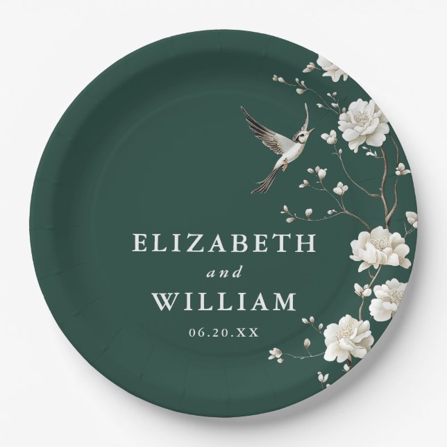 Emerald Green Chinoiserie Blumengarten Hochzeit Pappteller (Vorderseite)