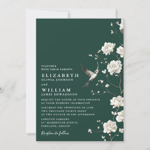 Emerald Green Chinoiserie Floral QR Code Wedding Einladung