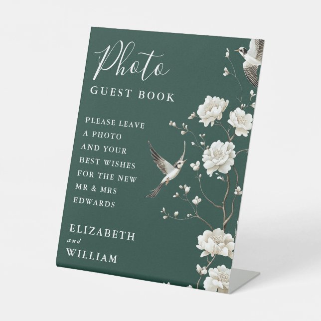 Emerald Green Chinoiserie Foto Guest Book Wedding Sockelschild (Vorderseite)