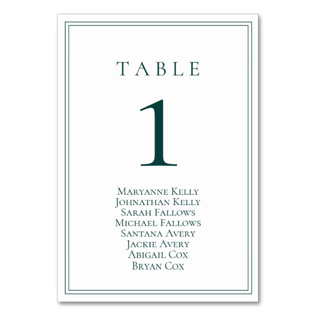 Emerald Green Classic Tischnummer & Seating Chart (Vorderseite)
