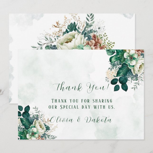 Emerald Green Cream Florals Vielen Dank an Ihre Ka Einladung (Vorne/Hinten)