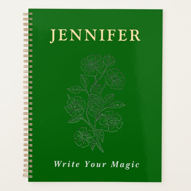 Emerald Green Custom Name Notebook – Fresh & Elega Planer (Vorderseite)