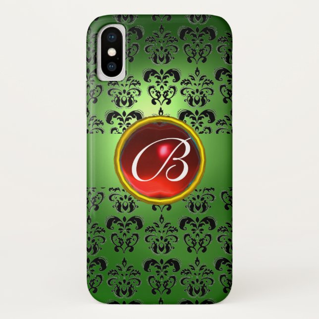 EMERALD GREEN DAMASK RED GEM MONOGRAM Case-Mate iPhone HÜLLE (Rückseite)