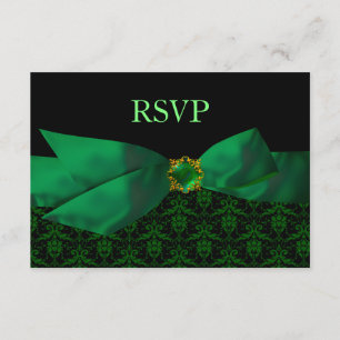 Emerald Green Damask Wedding RSVP Card Karte