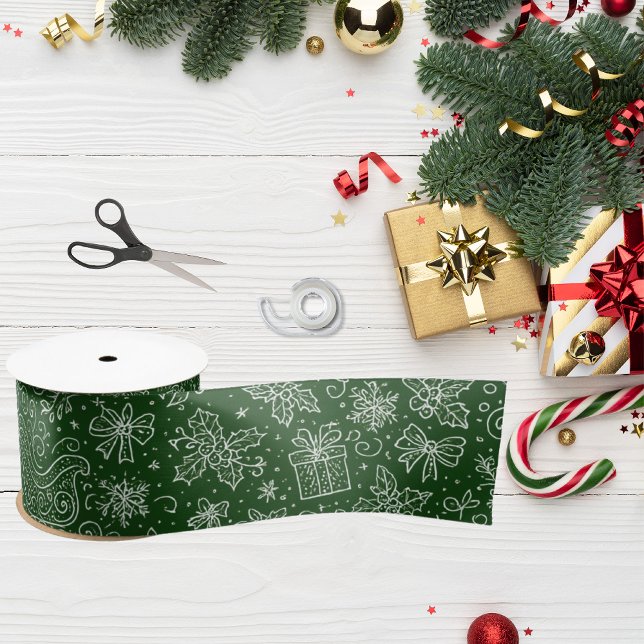 Emerald Green Doodle Christmas Sleigh Pattern Satinband (Von Creator hochgeladen)