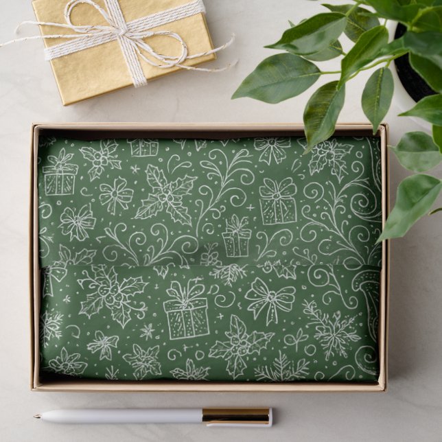 Emerald Green Doodle Christmas Sleigh Pattern Seidenpapier (Geschenk)