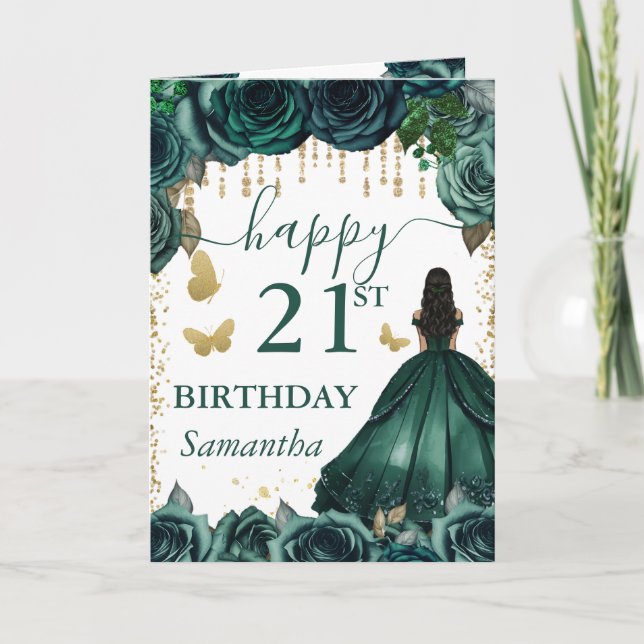Emerald Green Dress Dark Skin Princess Birthday Karte (Vorderseite)