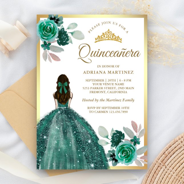 Emerald Green Dress Floral Gold Quinceanera Einladung (Von Creator hochgeladen)