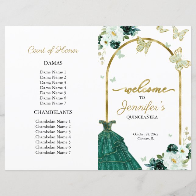 Emerald Green Dress Floral Quinceanera Programs (Vorderseite)