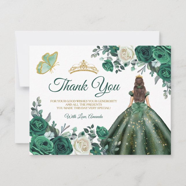 Emerald Green Dress Quinceañera Gold Crown Dankeskarte (Vorderseite)