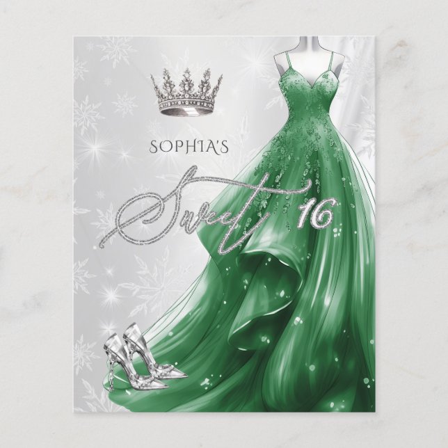 Emerald Green Dress Snowflakes Sweet 16 Einladung (Vorderseite)