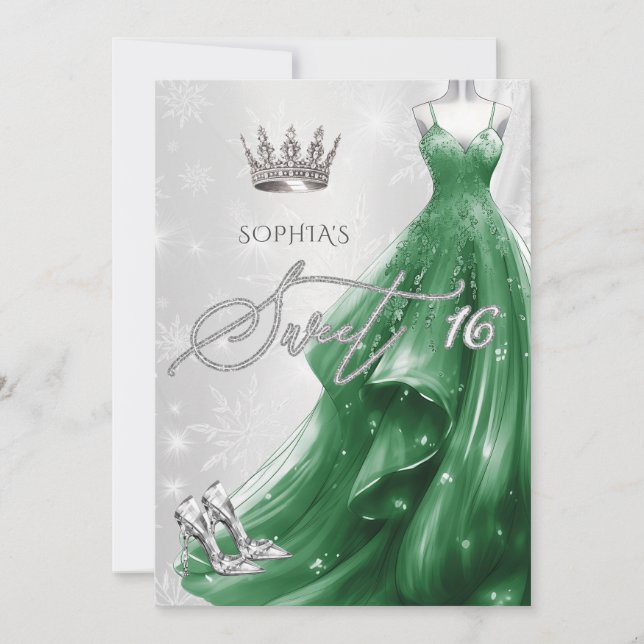 Emerald Green Dress Snowflakes Winter Sweet 16 Einladung (Vorderseite)