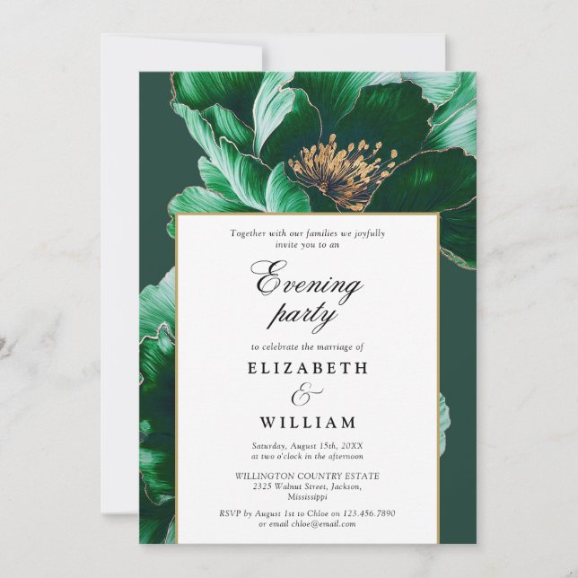 Emerald Green Elegant Floral Abend Party Hochzeit Einladung (Vorderseite)