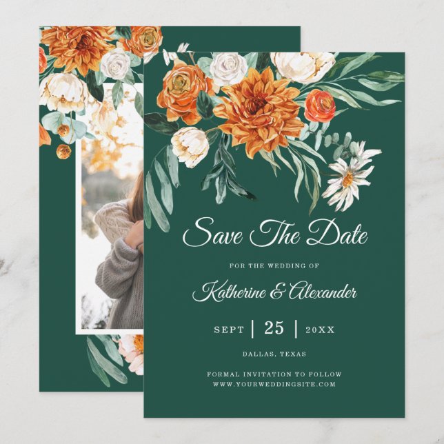 Emerald Green Elegant Floral Orange Foto Wedding Save The Date (Vorne/Hinten)