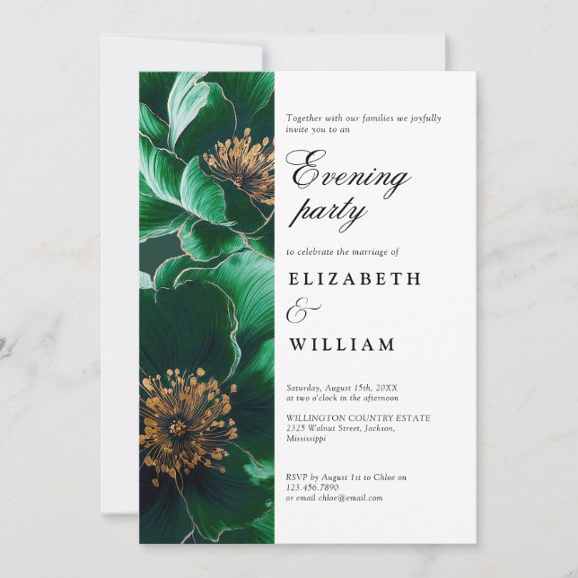 Emerald Green Elegant Floral Wedding Abend Party Einladung (Vorderseite)