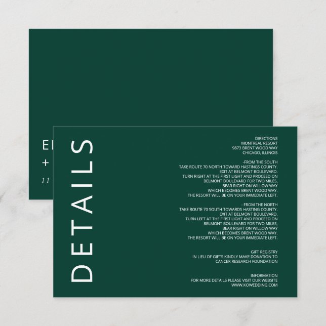 Emerald Green Elegant Moderne Minimalistische Hoch Begleitkarte (Vorne/Hinten)